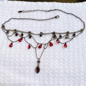18” Ruby-colored Necklace, Gunmetal-Colored Chain, Costume Jewelry